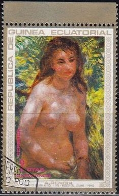 z vendido Guinea Ecuatorial 1973 Michel 209 Sello Pintura Pierre Auguste Renoir Torso de Mujer al sol Museo Louvre Mujeres Desnudas Matasello de favor Preobliterado 